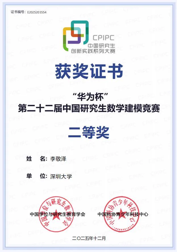中国研究生数学建模竞赛国家银奖证书